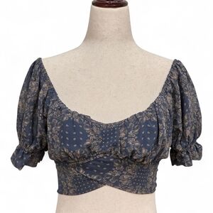 Altar'd State Vintage Paisley Puff Sleeve Cropped Top Blue